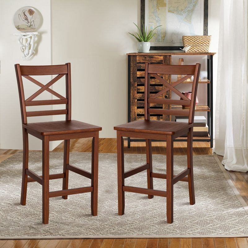 Costway Set of 2 Bar Stools 24'' Counter Height Chairs w/ Rubber Wood Legs Walnut