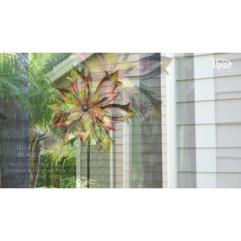 96" Glass/Iron Outdoor Flower Dual Kinetic Spinner Stake Red/Yellow - Alpine Corporation: Yard Art Decor