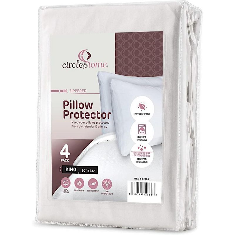 Circles Home 100% Cotton Breathable King Pillow Protector with Zipper – (4 pack)