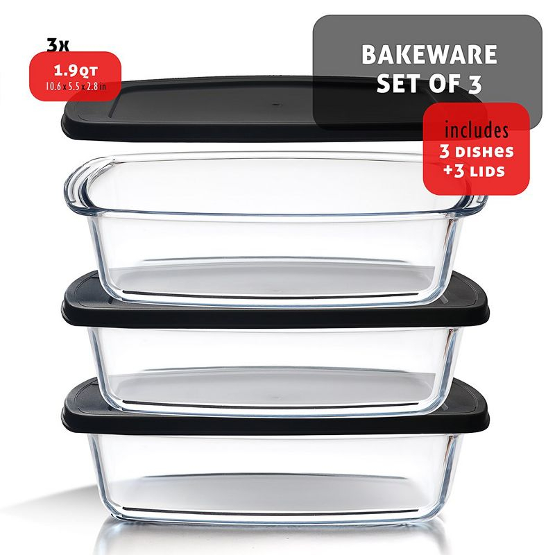 Joytable Set of 3 Bread Loaf Pans with Airtight Lids, 1.9 Quart Deep Rectangular Glass Food Storage Containers
