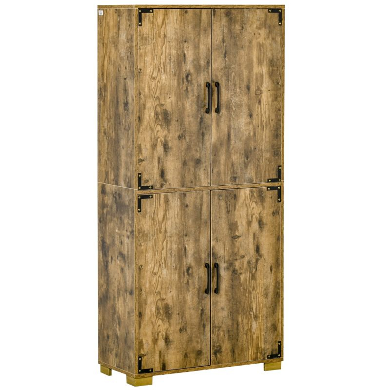 HOMCOM Industrial Style 4-Door Cabinet Pantry Cupboard with Storage Shelves for Bedroom and Living Room, Rustic Wood