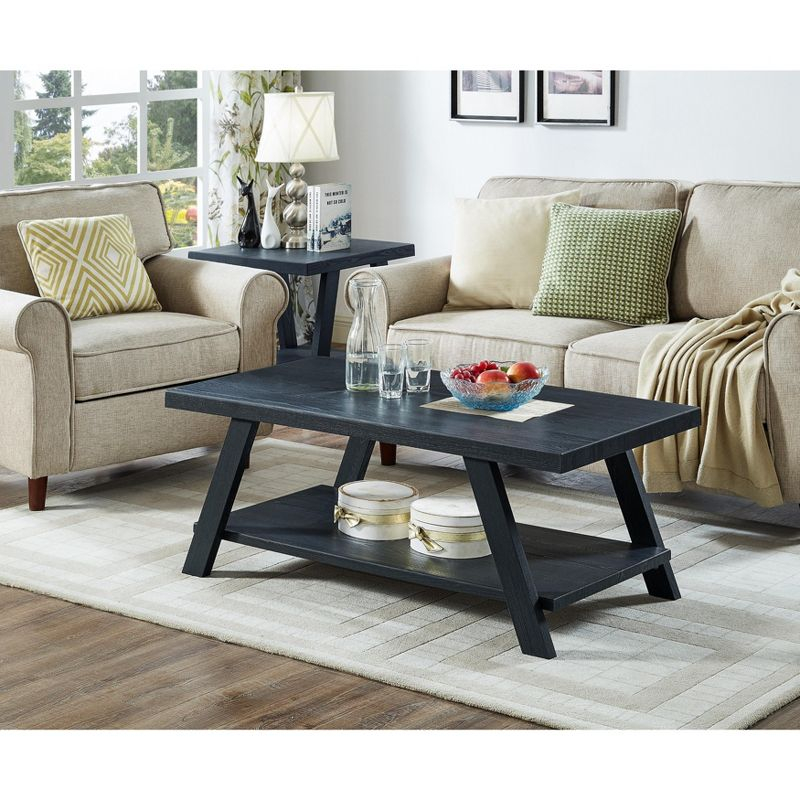 Roundhill Furniture Athens Contemporary Replicated Wood Shelf Coffee Set Table in Black Finish