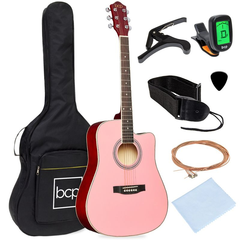 Best Choice Products 41in Full Size Beginner Acoustic Guitar Set with Case, Strap, Capo, Strings - Pink
