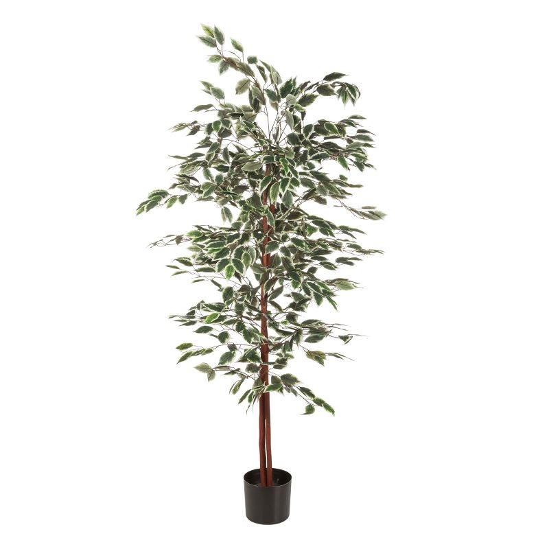 Nature Spring 5 ft Ficus Artificial Tree - Fake Plant with Variegated Leaves and Natural Trunk - Topiary Decor for Indoor or Outdoor