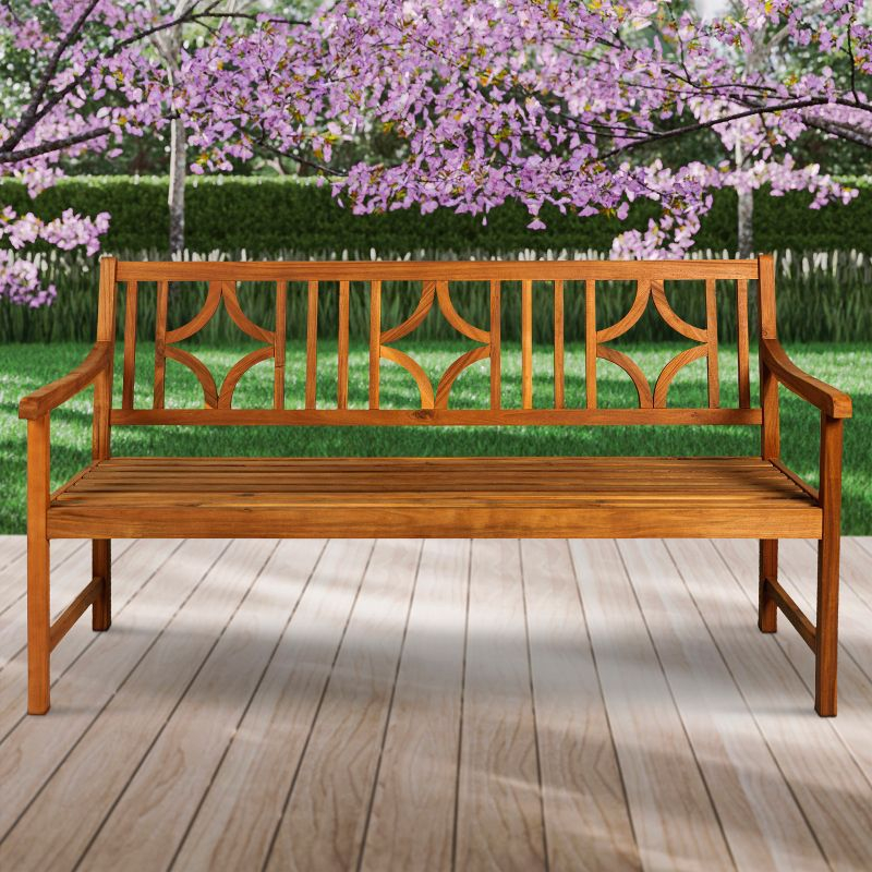 Sloane 3-Seat Ogee Diamond-Back Acacia Wood Outdoor Garden Patio Bench, Teak - JONATHAN Y