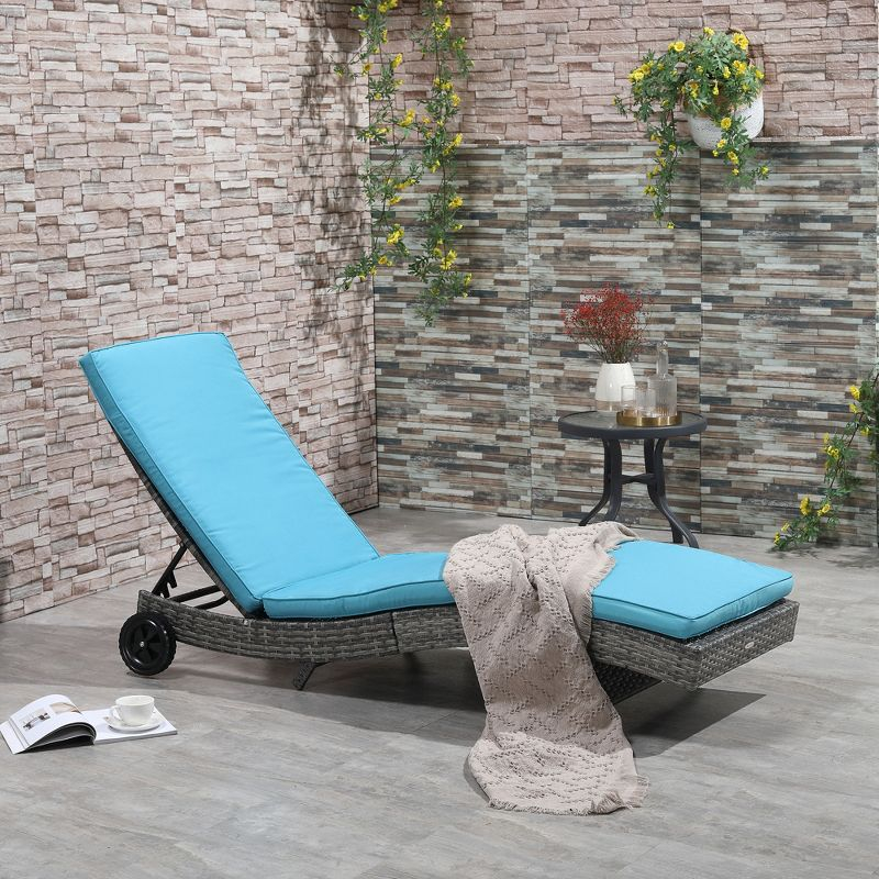 Outsunny Patio Wicker Chaise Lounge Chair, Outdoor PE Rattan Sun lounger w/ 5-Level Adjustable Backrest & 2 Wheels for Easy Movement, Sky Blue