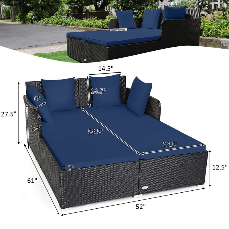 Costway Outdoor Patio Rattan Daybed Pillows Cushioned Sofa Furniture Navy