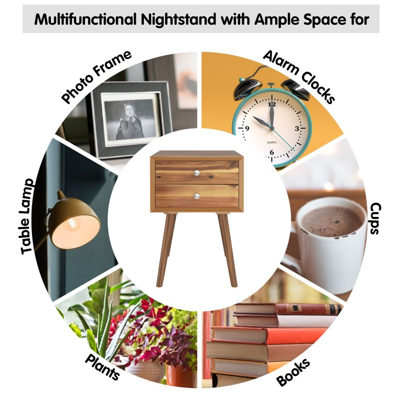 Tangkula Wooden Nightstand with 2 Storage Drawers Accent End Side Table for Bedroom&Living room Natural