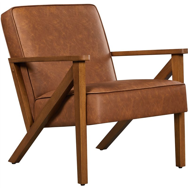 Yaheetech Faux Leather Armchair Accent Chair with Wood Legs for Living Room, Light Brown