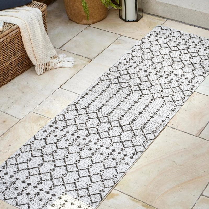 2' x 10' Ourika Moroccan Geometric Textured Weave Indoor/Outdoor Runner Rug, Cream/Black - JONATHAN Y