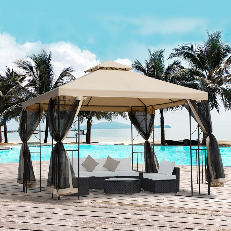 Outsunny 10' x 10' Steel Outdoor Patio Gazebo Canopy with Privacy Mesh Curtains, Weather-Resistant Roof, & Storage Trays