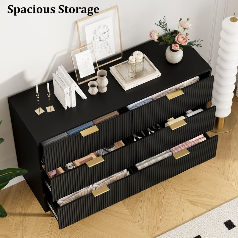 Garvee Fluted Wood Dresser 6 Drawers Dresser for Bedroom, Large Modern Chest of Drawers, Black Dresser with Gold Handle,for Living Room, Hallway