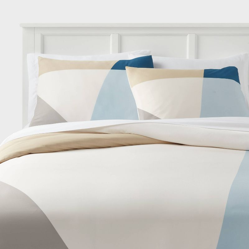 Twin/Twin Extra Long Cotton Blend Sateen Duvet Cover and Sham Set Ivory/Light Blue/Khaki Geo - Room Essentials™: 225 Thread Count