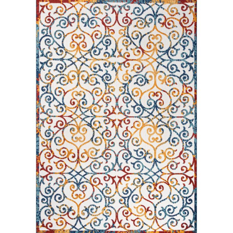 3'x5' Atrani Scroll Trellis Indoor/Outdoor Area Rug, Cream/Blue/Red - JONATHAN Y
