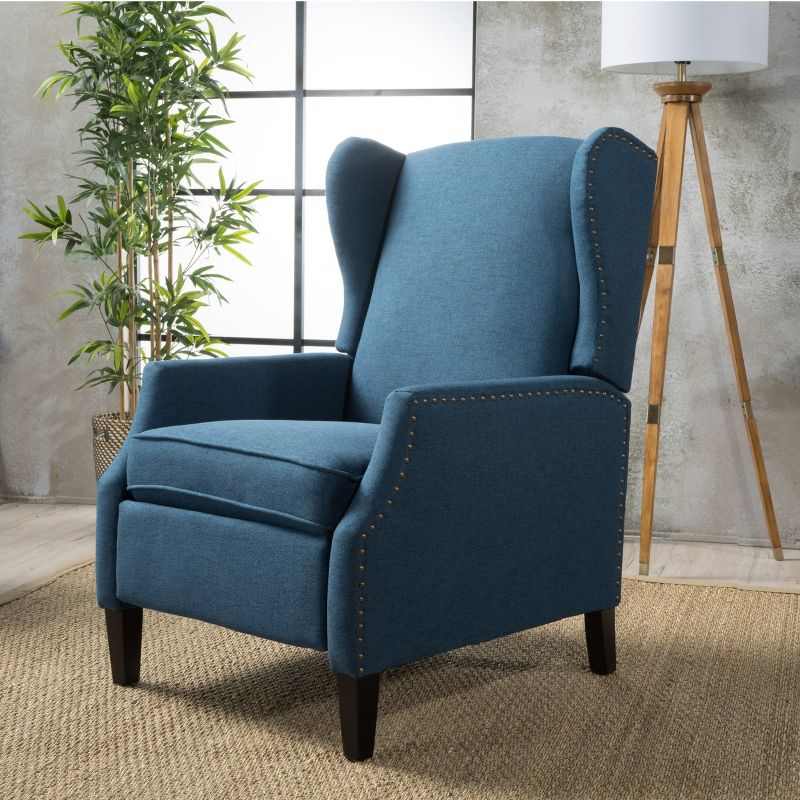 GDFStudio Weyland Contemporary Fabric Wingback Pushback Recliner with Nailhead Accents, Navy Blue