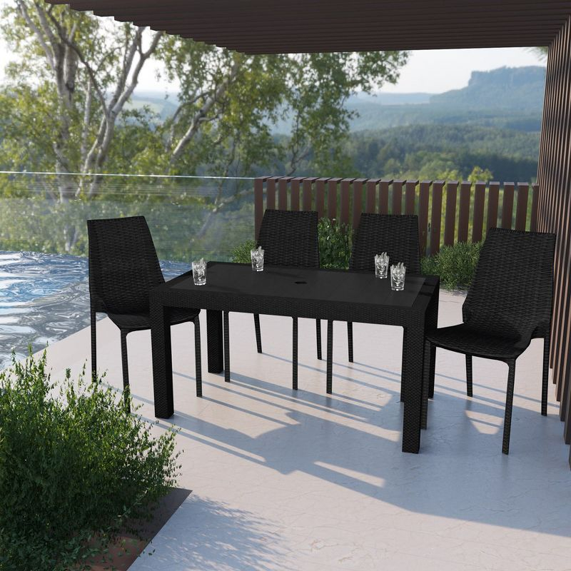 LeisureMod Kent Modern Outdoor Plastic Dining Chair Stackable Design Set of 4 in Black