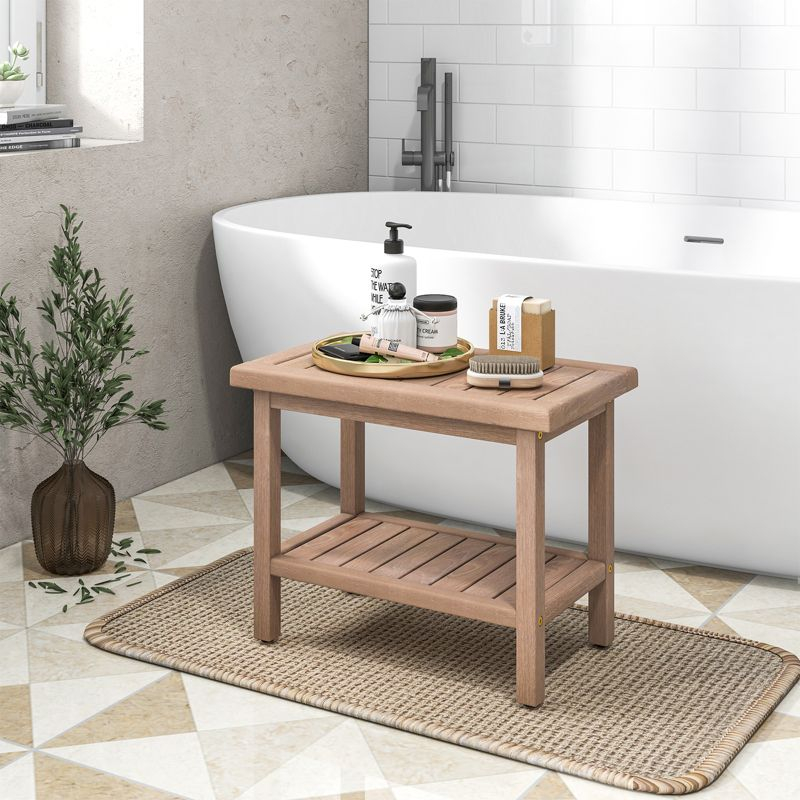 Costway 21'' Indonesia Teak Wood Shower Bench 2-Tier Waterproof Bath Spa Stool with Storage Shelf