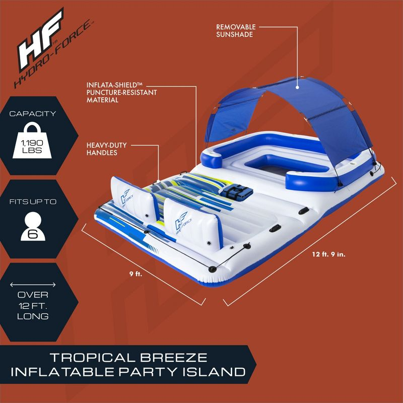 Bestway Hydro-Force Tropical Breeze 6 Person Inflatable Floating Party Island, Water Float Lounger with 6 Cup Holders, Backrests, and Sun Shade