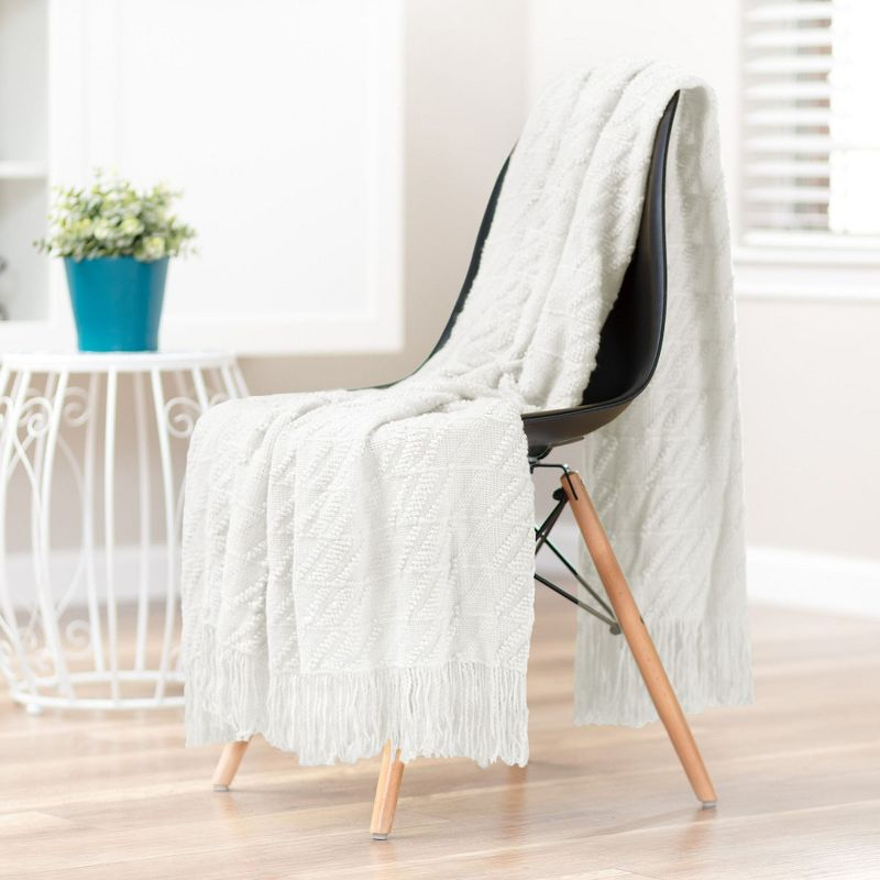 Chanasya Bevel Acrylic Knit Boho Throw Blanket With Tassels - (50x65 Inches) White Cloud