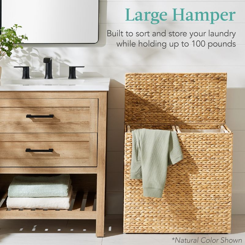 Best Choice Products Large Natural Water Hyacinth Double Laundry Hamper Basket w/ 2 Liner Bags, Handles - Espresso