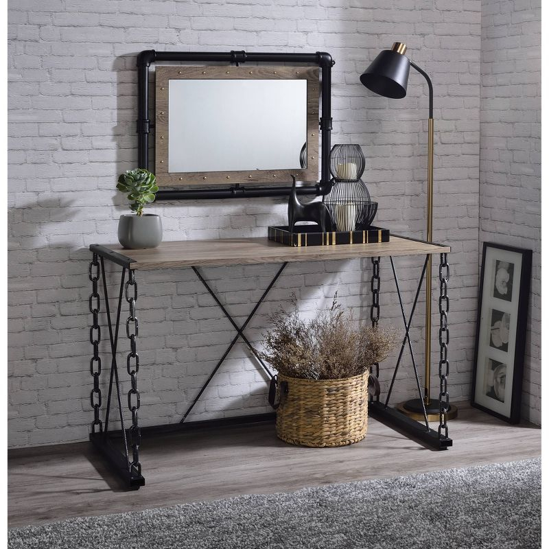Acme Furniture 48" Jodie Console Table Rustic Oak and Antique Black Finish: Melamine Veneer, Metal Frame, Spot Clean