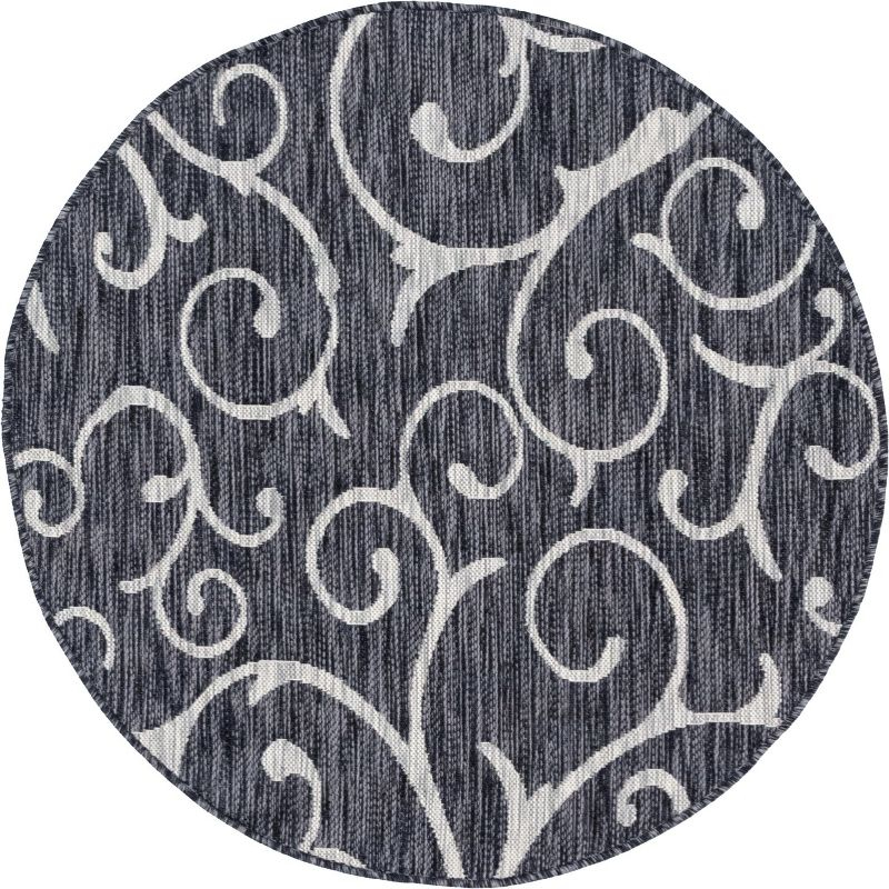 Unique Loom 4' 0 x 4' 0 Round Indoor/Outdoor Botanical Charcoal Gray Area Rug