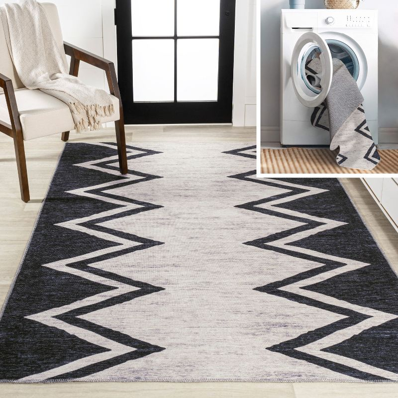 3' x 5' Siksak Modern Chevron Border Machine-Washable Area Rug, Ivory/Black - JONATHAN Y