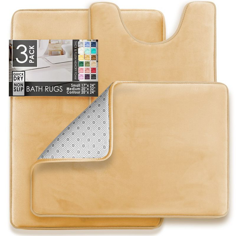 Hearth & Harbor 3 Piece Bathroom Rugs Bath Mat Set, Non-Slip Velvet Memory Foam Bath Mats, Beige Cream