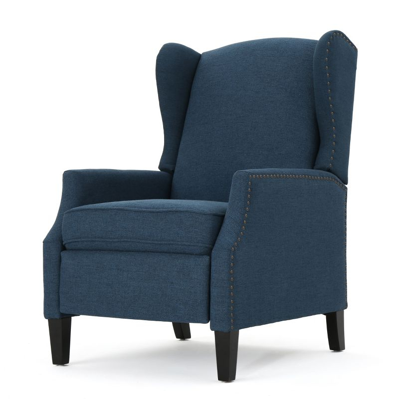 GDFStudio Weyland Contemporary Fabric Wingback Pushback Recliner with Nailhead Accents, Navy Blue