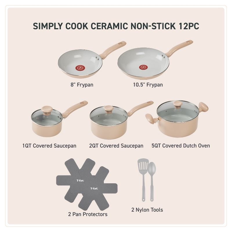 T-Fal 12pc Simply Cook Ceramic Cookware Set Beige: Nonstick Pots & Pans, Tempered Glass Lids, Ergonomic Handles