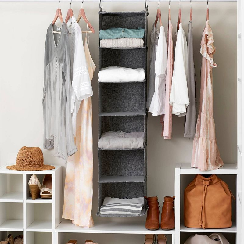 Household Essentials 6 Shelf Hanging Organizer Graphite Linen: Closet Hanging Storage, Fixed Shelves, Gray, 48" Height