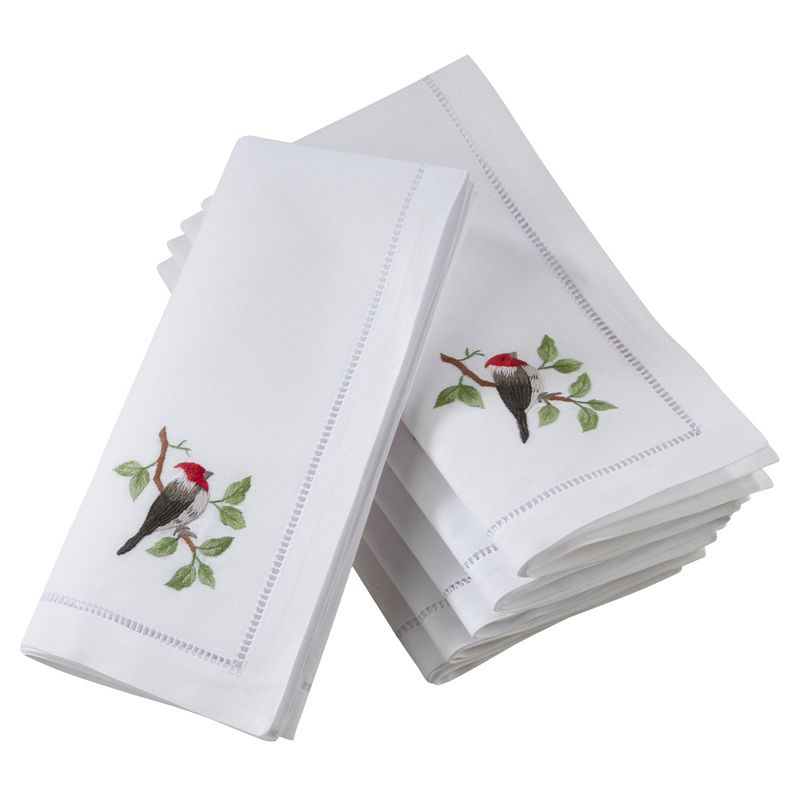 Saro Lifestyle Embr'd Woodpecker Hemstitch Napkin, 20" Square, White (Set of 6)