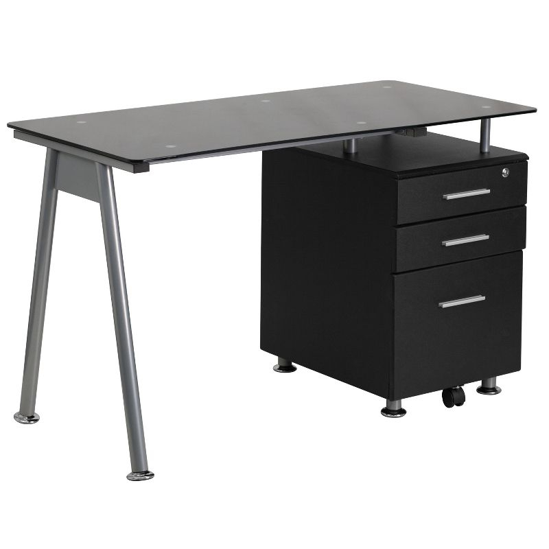 Emma and Oliver Black Glass Computer Desk with Three Drawer Pedestal