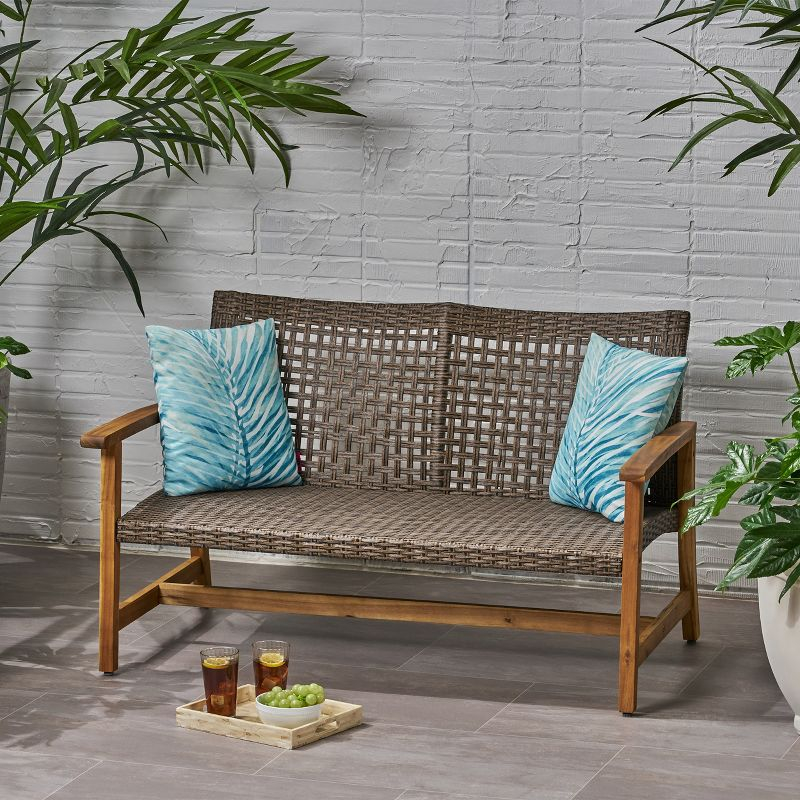 GDFStudio Jean Outdoor Acacia Wood and Wicker Loveseat, Brown/Gray