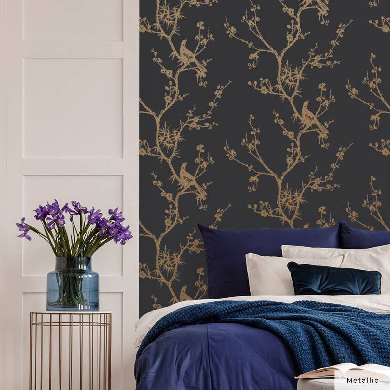 Tempaper & Co.® x Cynthia Rowley Bird Watching Removable Peel and Stick Wallpaper, Black and Gold, 56 sq ft: Vinyl, Self-Adhesive
