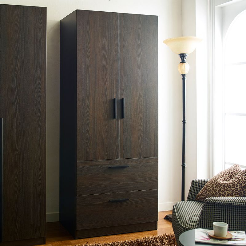 AndMakers Brook Two-Door Wood Closet with Two Drawers and Hanging Bars in Dark Brown