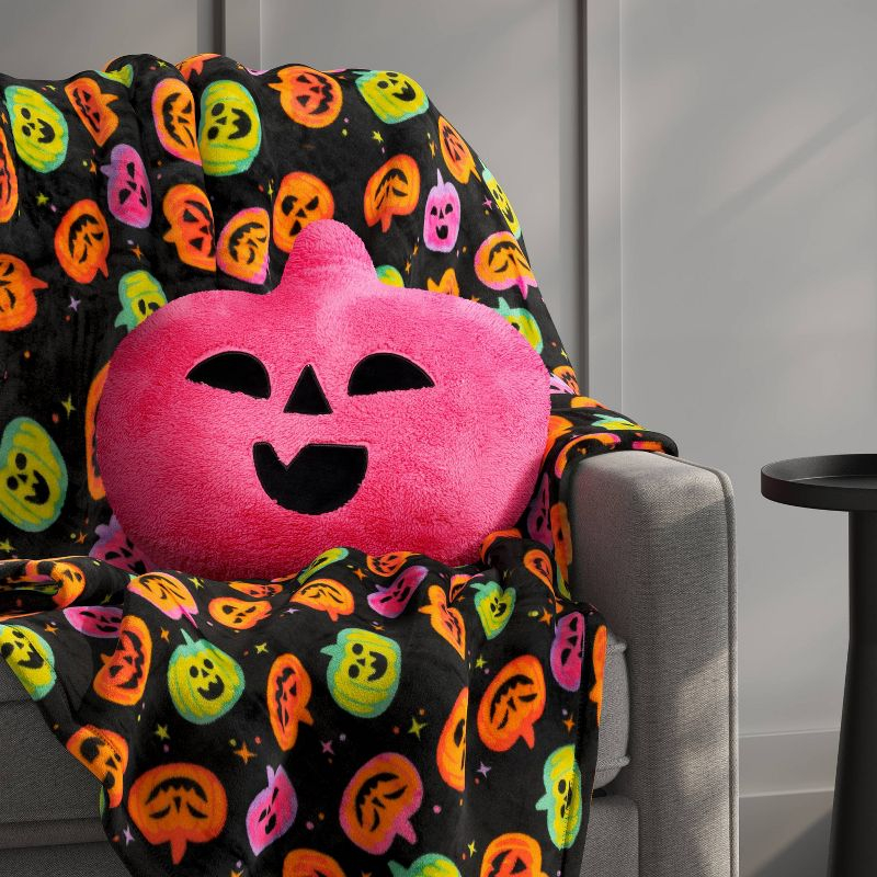 Pumpkin Shaped Faux Shearling Halloween Throw Pillow Pink - Hyde and EEK! Boutique™: Indoor Oval Cushion, Recycled Polyester Fill