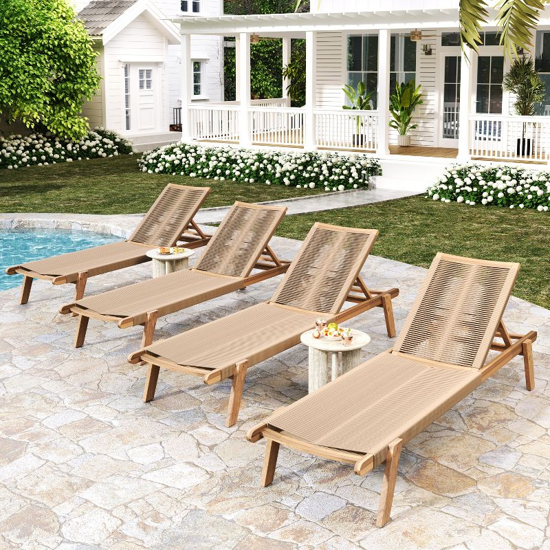 Christopher Knight Home Addison Rustic Outdoor Acacia Wood Chaise Lounge with Rope Seating (Set of 4), Teak/Beige