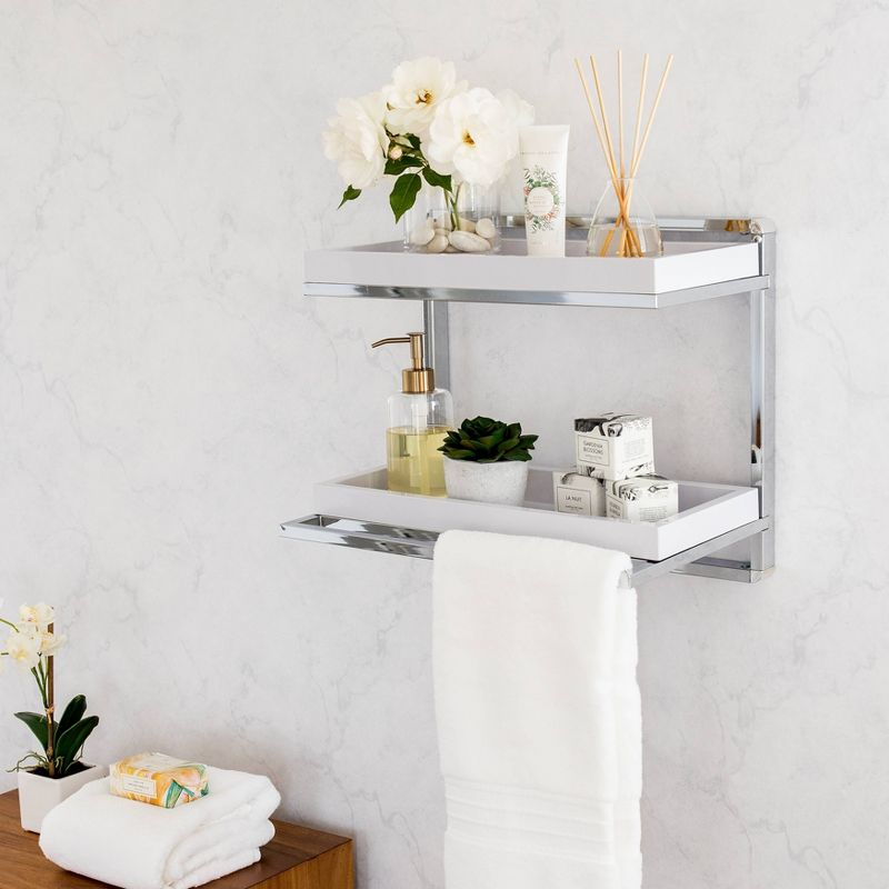 2 Tier Wall Mount Shelving Unit with Towel Rack and Trays Chrome/White - Danya B.: Modern Bathroom Storage Organizer