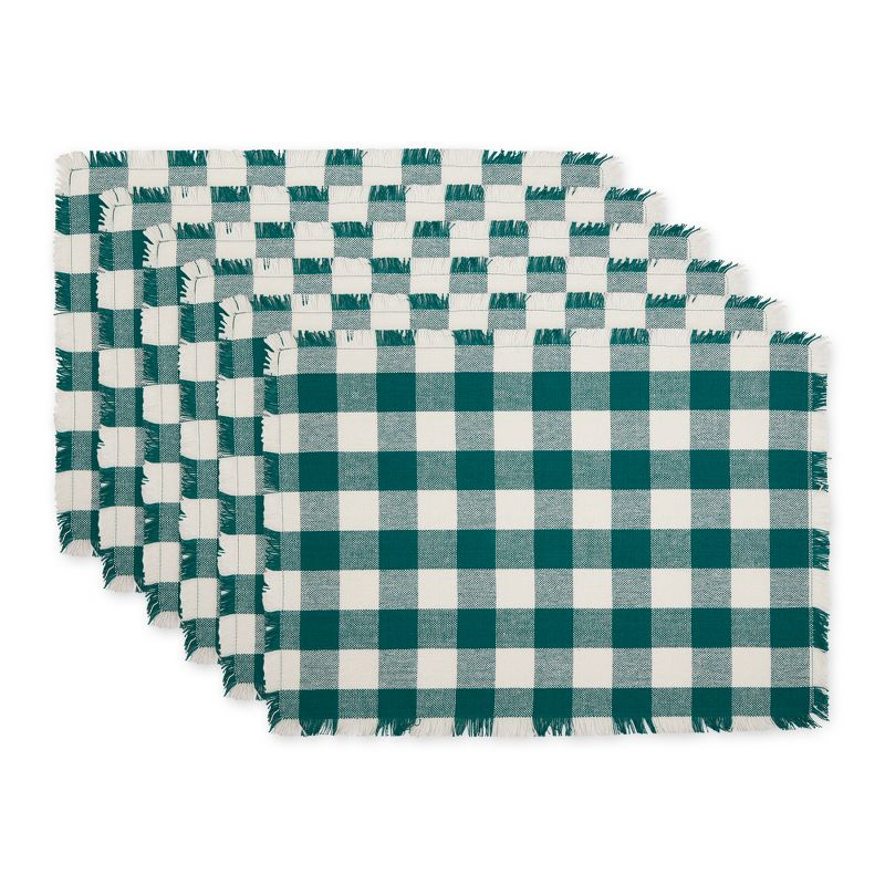 Design Imports Teal Heavyweight Check Fringed Placemat Set/6