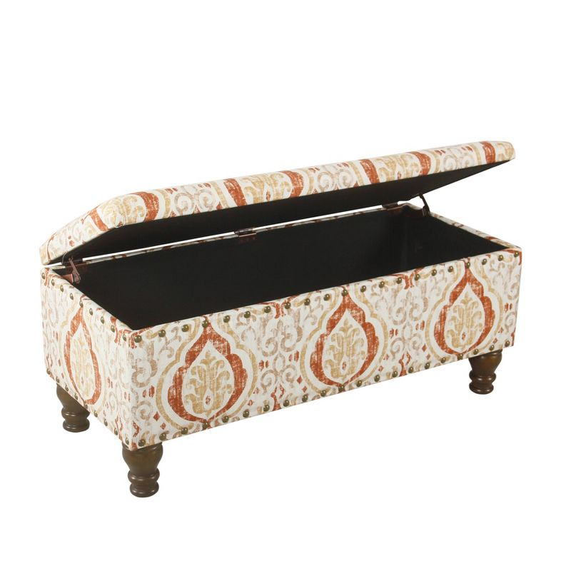 Large Storage Bench with Nailhead Orange/Cream Medallion - HomePop: Upholstered Rectangular Ottoman for Bedroom