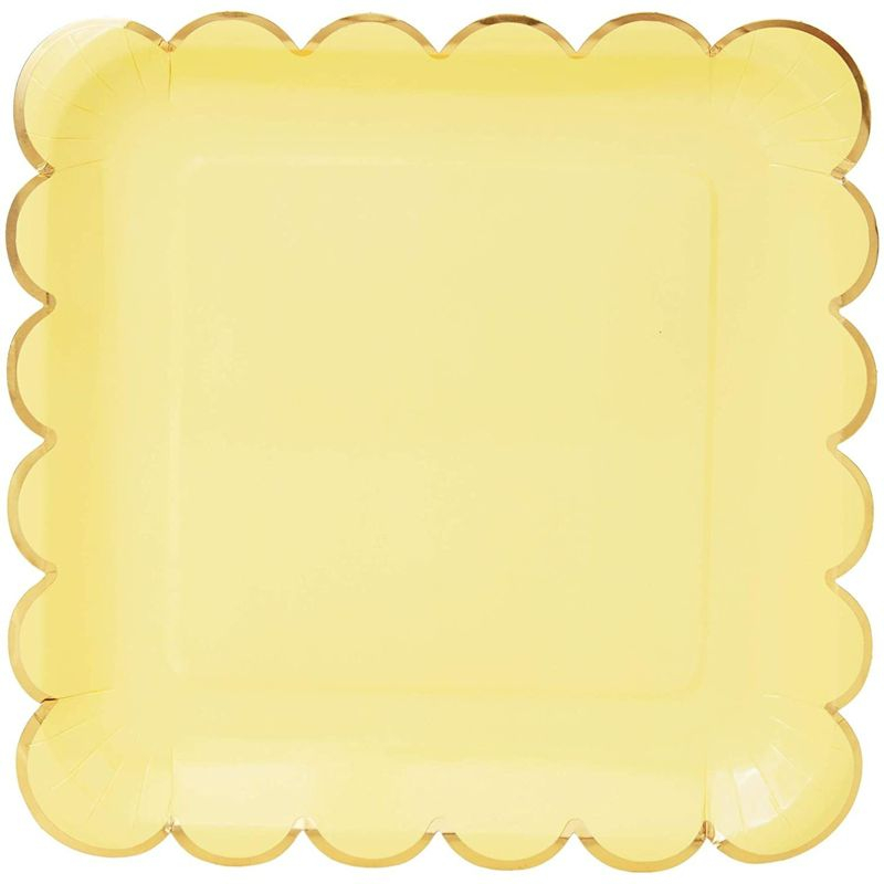 Sparkle and Bash 48-Pack Pastel Yellow Square Disposable Paper Plates, Gold Foil Scalloped Edge 9 In