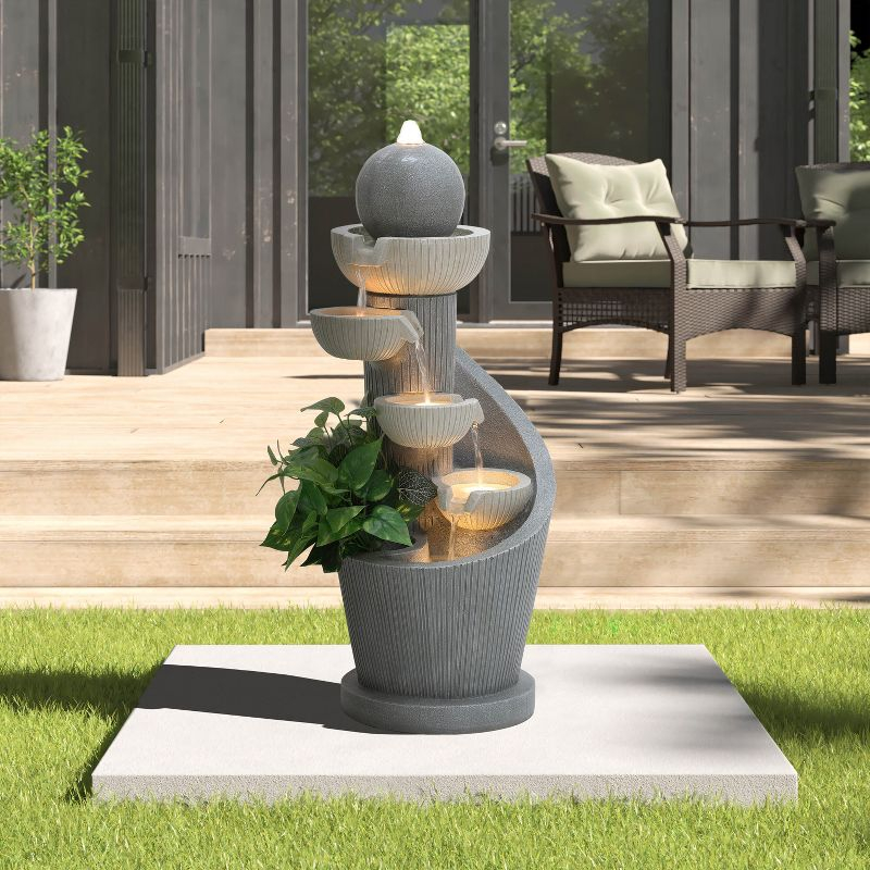 LuxenHome Gray Resin Spiral Sculpture with Bubbler 5-Tier Outdoor Fountain with Lights