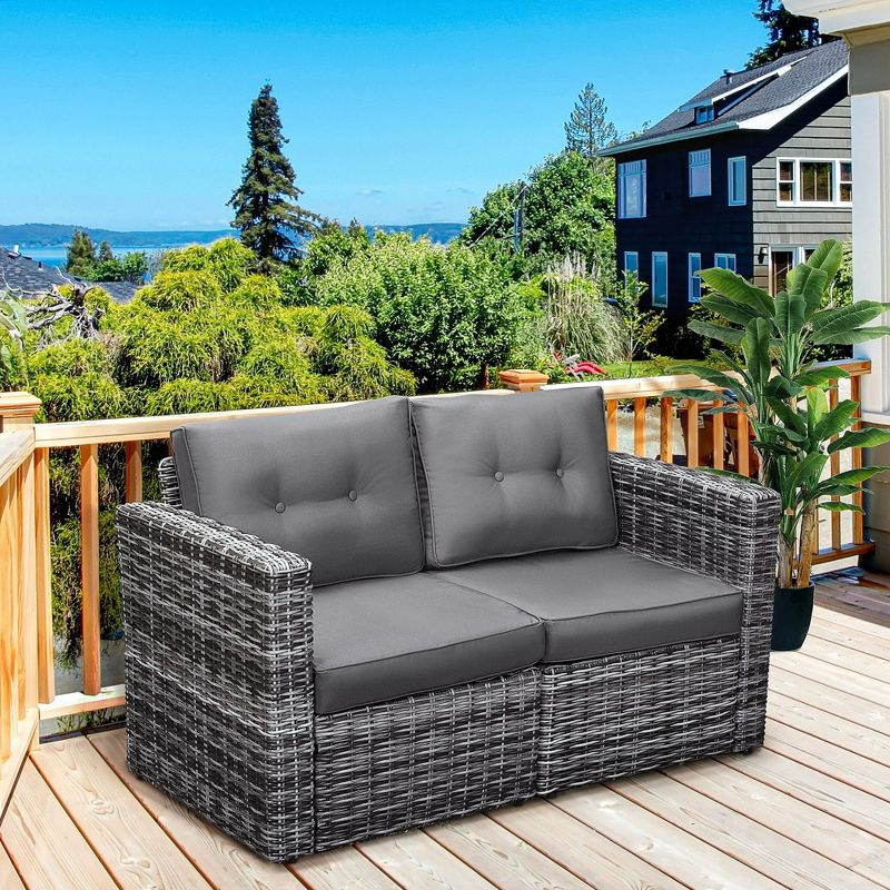 Outsunny 2 Piece Patio Wicker Corner Sofa Set, Outdoor PE Rattan Furniture, with Curved Armrests and Padded Cushions for Balcony, Gray