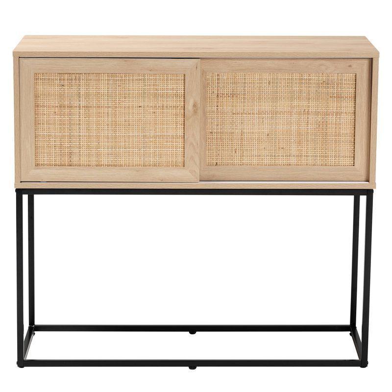 Amelia Wood Rattan Sideboard Buffet Dining Cabinet Natural Brown/Black - Baxton Studio: Fixed Shelves, Metal Frame