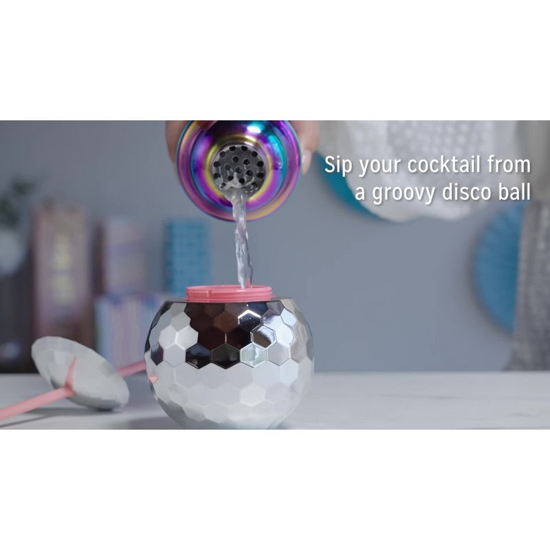 Blush Silver Disco Ball Cup with Straws for Parties - 16 Ounce Cute Sparkly Glitter Cocktail Disco Ball Drink Tumbler, Party Supplies