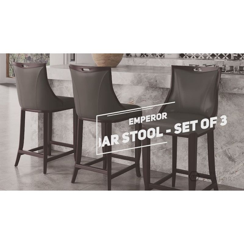 Manhattan Comfort Set of 3 Emperor Upholstered Beech Wood Faux Leather Barstools Bronze: Fixed Height, Attached Cushions, Footrest