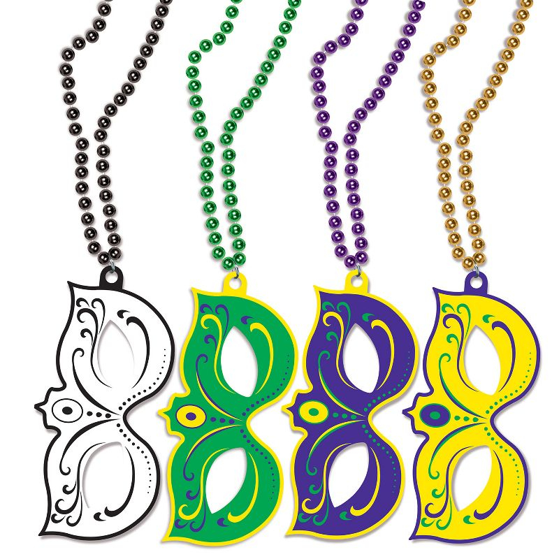 Beistle Mardi Gras Masks w/Beads, 4" x 7 .75" / 33", (4/Pkg) Multicolored