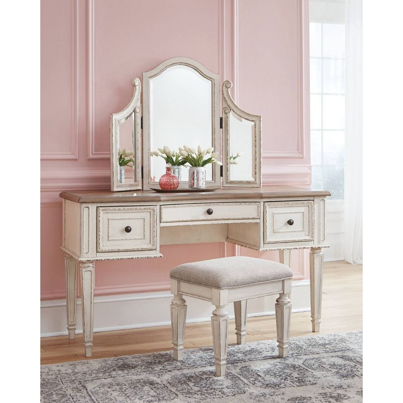 Set of 3 Realyn Vanity/Mirror/Stool Chipped White: Cottage Style Dressing Table - Signature Design by Ashley