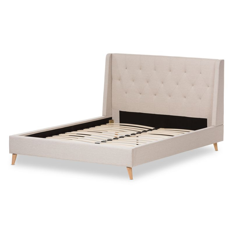 Baxton Studio Queen Adelaide Retro Modern Fabric Upholstered Platform Bed Light Beige: No Box Spring Needed, Polyester Fill